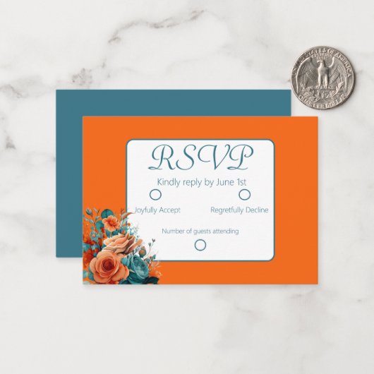 ティール（緑がかった色）とオレンジフローラウェディングRSVP ノートカード (正面/裏面インサイチュ)