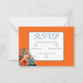 ティール(緑がかった色)とオレンジフローラウェディングRSVP ノートカード (正面)