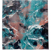 ティール（緑がかった色）とオレンジ抽象芸術大理石 シャワーカーテン (正面)