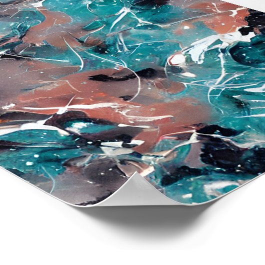 ティール(緑がかった色)とオレンジ抽象芸術大理石 ポスター (角)