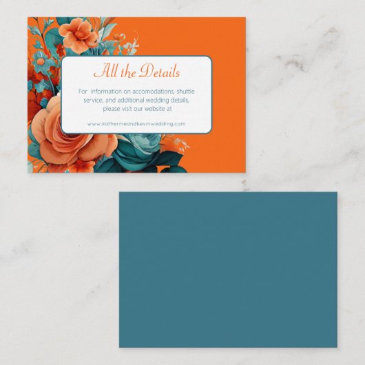 ティール（緑がかった色）とオレンジ結婚フローラ エンクロージャーカード (正面/裏面)