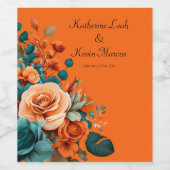 ティール(緑がかった色)とオレンジ結婚フローラ ワインラベル (シングルラベル)