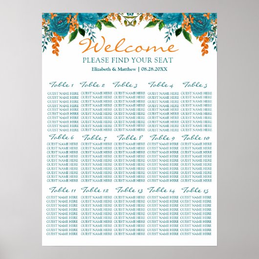 ティール（緑がかった色）とオレンジ結婚色のフローラの座席表 ポスター (正面)