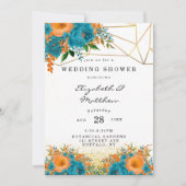 ティール（緑がかった色）とオレンジ絵を描のフローラウェディングシャワー 招待状 (正面)