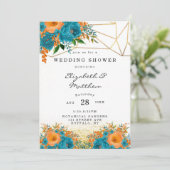 ティール(緑がかった色)とオレンジ絵を描のフローラウェディングシャワー 招待状 (スタンド正面)