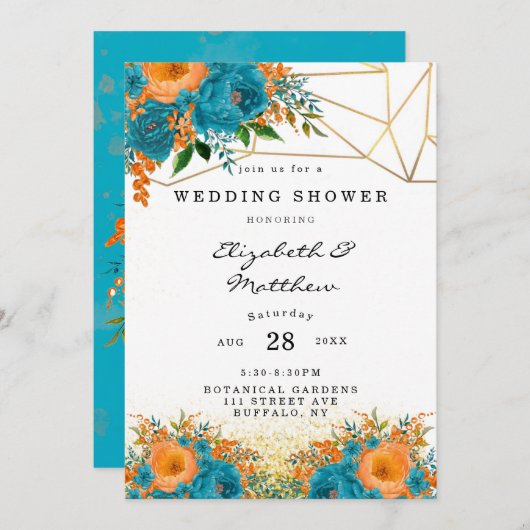 ティール（緑がかった色）とオレンジ絵を描のフローラウェディングシャワー 招待状 (正面/裏面)