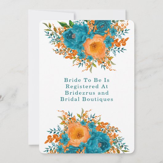 ティール（緑がかった色）とオレンジ絵を描のフローラブライダルシャワー 招待状 (裏面)