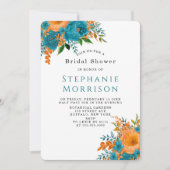 ティール（緑がかった色）とオレンジ絵を描のフローラブライダルシャワー 招待状 (正面)