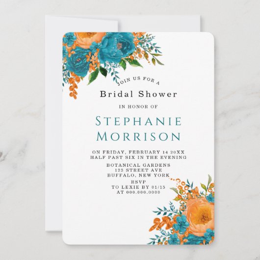 ティール（緑がかった色）とオレンジ絵を描のフローラブライダルシャワー 招待状 (正面)