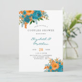 ティール(緑がかった色)とオレンジ絵を描の花模様カップルのシャワー 招待状 (スタンド正面)