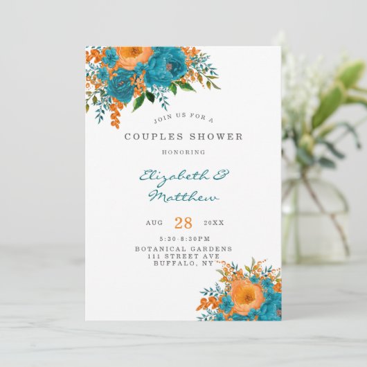 ティール（緑がかった色）とオレンジ絵を描の花模様カップルのシャワー 招待状 (スタンド正面)