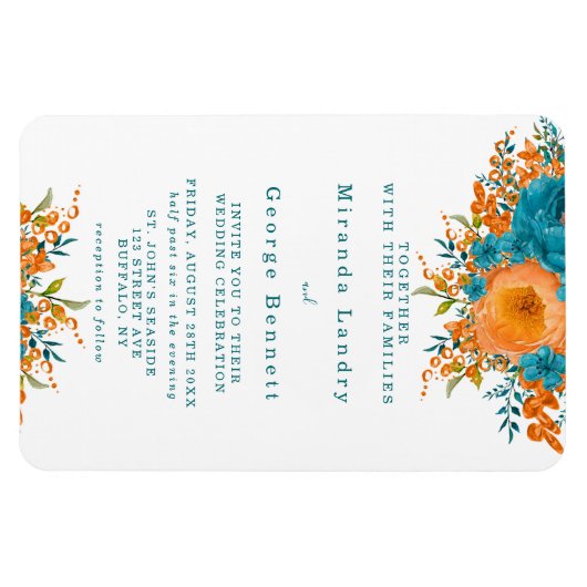 ティール（緑がかった色）とオレンジ絵を描花模様結婚式の招待 マグネット (横)