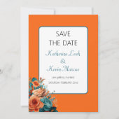 ティール（緑がかった色）とオレンジ色のフローラ日付の結婚保存 招待状 (正面)