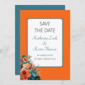 ティール（緑がかった色）とオレンジ色のフローラ日付の結婚保存 招待状 (正面/裏面)