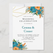 ティール（緑がかった色）とオレンジ色の水の色のフローラ 招待状 (正面)