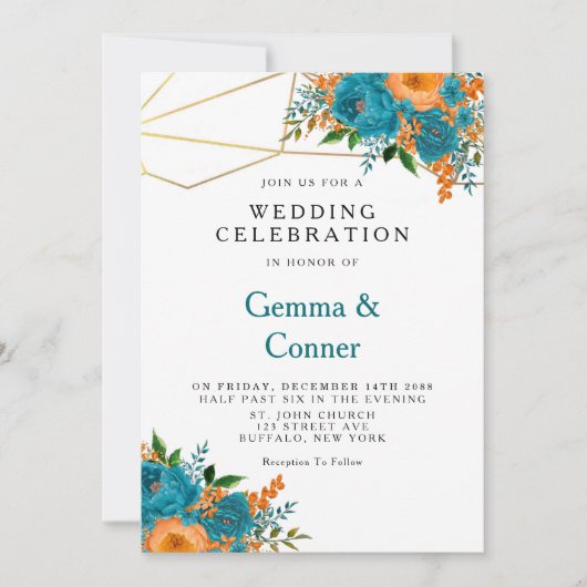 ティール（緑がかった色）とオレンジ色の水の色のフローラ 招待状 (正面)