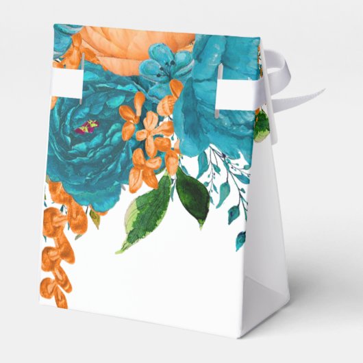 ティール（緑がかった色）とオレンジ色の水彩フローラ結婚 フェイバーボックス (裏面サイド)