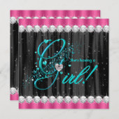 ティール(緑がかった色)とガーリーホットピンクの赤ちゃんシャワー 招待状 (正面/裏面)