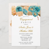 ティール(緑がかった色)とクリーミーな金ゴールドバラ婚約パーティ 招待状 (正面/裏面)