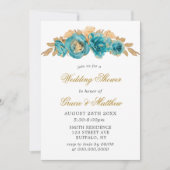 ティール(緑がかった色)とクリーミーな金ゴールドフローラウェディングシャワー招待状 (正面)