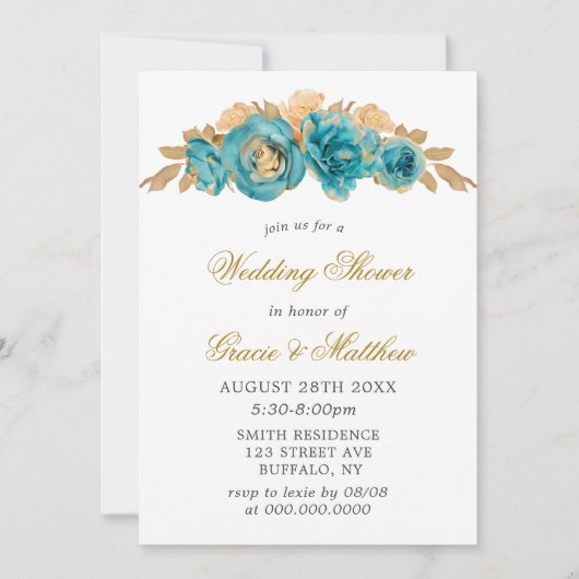 ティール（緑がかった色）とクリーミーな金ゴールドフローラウェディングシャワー招待状 (正面)