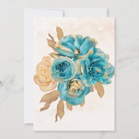 ティール（緑がかった色）とクリーミーな金ゴールドフローラウェディングシャワー招待状 (裏面)