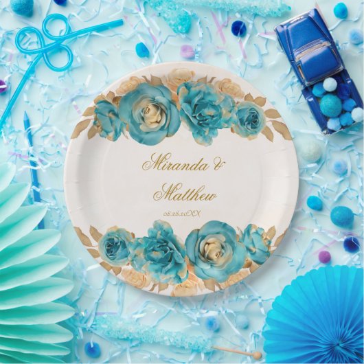 ティール（緑がかった色）とクリーミーな金ゴールド水の色の花模様結婚のP ペーパープレート (パーティー)