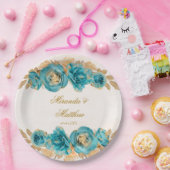 ティール(緑がかった色)とクリーミーな金ゴールド水の色の花模様結婚のP ペーパープレート (パーティー)