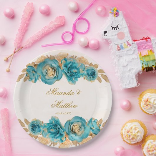 ティール(緑がかった色)とクリーミーな金ゴールド水の色の花模様結婚のP ペーパープレート (パーティー)