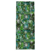 ティール（緑がかった色）とグリーンウィズスノーフレークスホリデーワインバッグ ワインギフトバッグ (裏面)