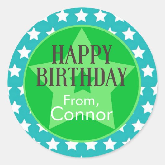 ティール（緑がかった色）とグリーンスターカスタム誕生日ギフトステッカー ラウンドシール (正面)