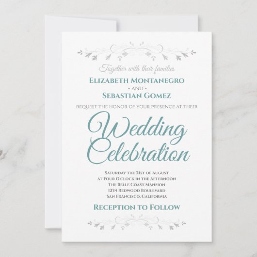 ティール(緑がかった色)とグレイシンプルエレガントウェディング招待状 招待状 (正面)