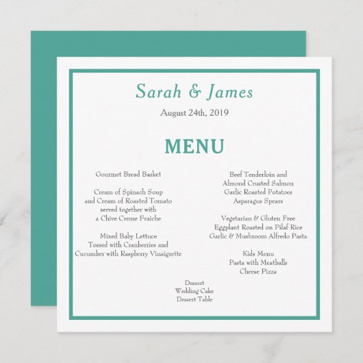 ティール（緑がかった色）とグレーのミニマリスト結婚式のレセプションメニュー メニュー (正面/裏面)