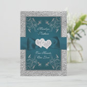 ティール(緑がかった色)とグレーの参加ハート結婚式招待 招待状 (スタンド正面)