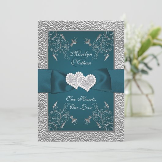 ティール（緑がかった色）とグレーの参加ハート結婚式招待 招待状 (スタンド正面)