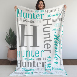 ティール（緑がかった色）とグレーネームとモノグラムクラウドワードアート フリースブランケット