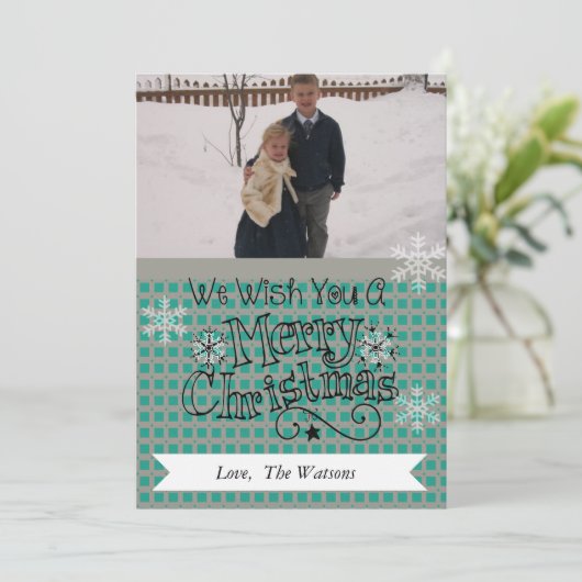 ティール（緑がかった色）とグレーメリークリスマスフォトホリデーカード シーズンカード (スタンド正面)