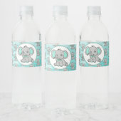 ティール（緑がかった色）とグレー象をテーマにした赤ちゃんシャワー ペットボトルラベル (ボトル)