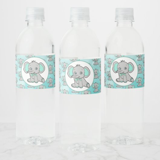 ティール（緑がかった色）とグレー象をテーマにした赤ちゃんシャワー ペットボトルラベル (ボトル)
