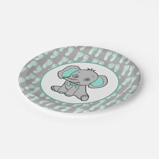 ティール（緑がかった色）とグレー象をテーマにした赤ちゃんシャワー ペーパープレート (アングル)