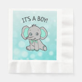 ティール（緑がかった色）とグレー象をテーマにした赤ちゃんシャワー 縁ありランチョンナプキン (正面)