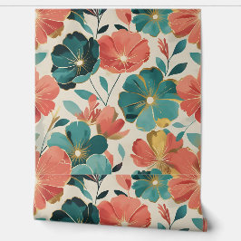 ティール（緑がかった色）とコーラル開花金ゴールドアクセントモダンフローラ 壁紙