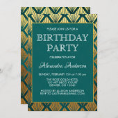 ティール（緑がかった色）とゴールドフォイルアールデコ誕生日パーティー 招待状 (正面/裏面)
