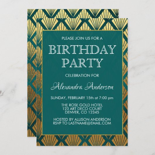 ティール(緑がかった色)とゴールドフォイルアールデコ誕生日パーティー 招待状 (正面/裏面)