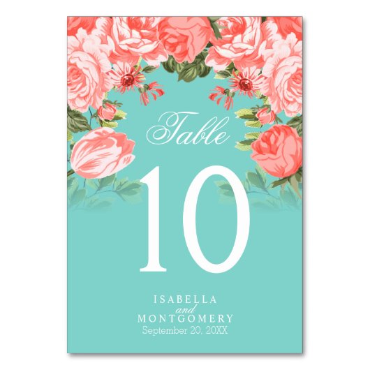 ティール(緑がかった色)とサンゴの花 |テーブルカード テーブルナンバー (裏面)