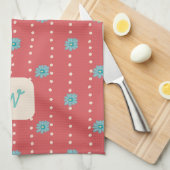 ティール（緑がかった色）とサンゴフローラモノグラムキッチンティータオル キッチンタオル (四つ折り)