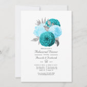 ティール（緑がかった色）とシルバーのフローラ結婚のリハーサルディナー 招待状 (正面)