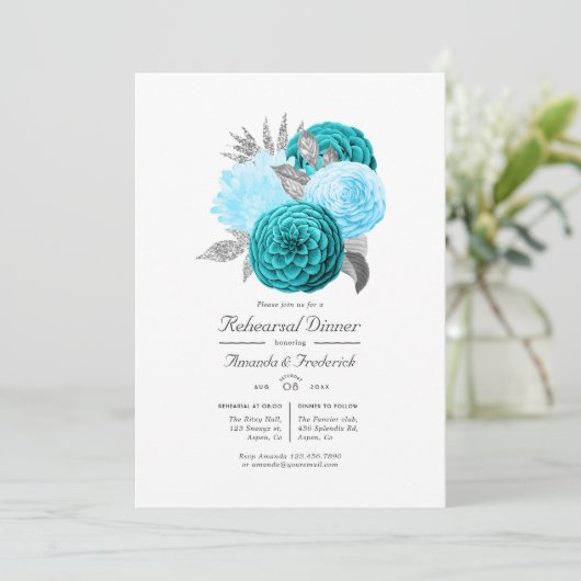 ティール（緑がかった色）とシルバーのフローラ結婚のリハーサルディナー 招待状 (スタンド正面)