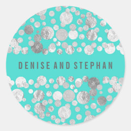 ティール（緑がかった色）とシルバーの紙吹雪結婚の ラウンドシール
