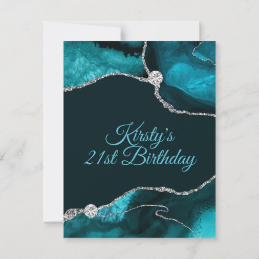 ティール（緑がかった色）とシルバーグリッターのアゲート誕生日パーティー 出欠カード (裏面)